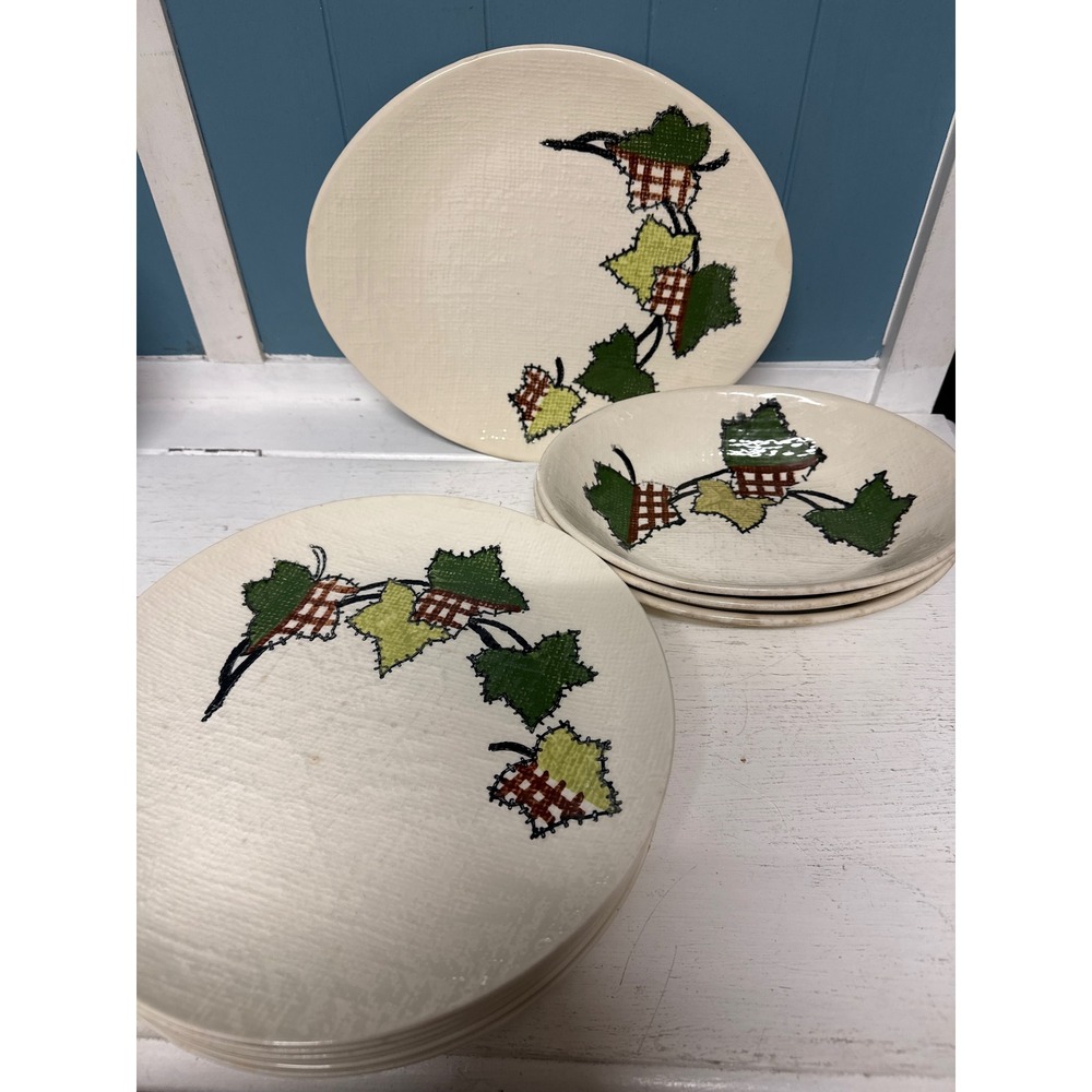 Blue Ridge Pottery Hand Painted Ivy Leaf plate Set 6 dinner‎ 3 bowls 1 serving